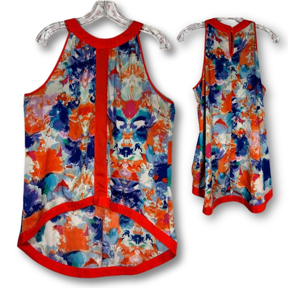 Nicole Miller‎ Women's Halter Top Size L Floral Abstract Hi Low Boho Art to Wear